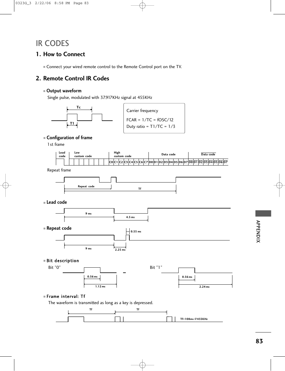 Ir codes, How to connect, Remote control ir codes | Appendix, Configuration of frame, Lead code, Repeat code, Output waveform | LG 26LC2R User Manual | Page 85 / 87