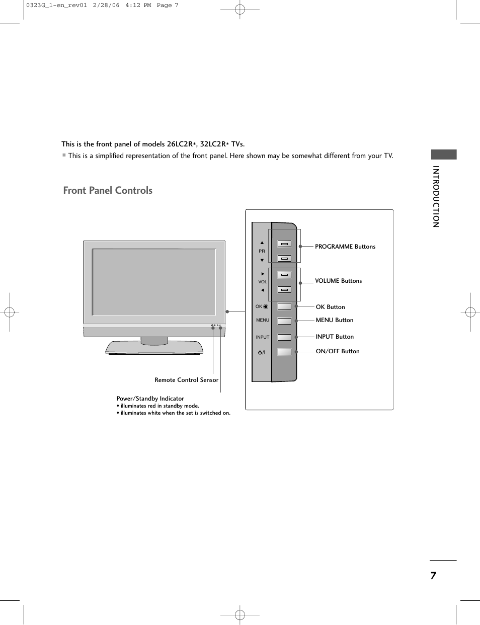 Front panel controls, Intr oduction | LG 26LC2R User Manual | Page 9 / 87