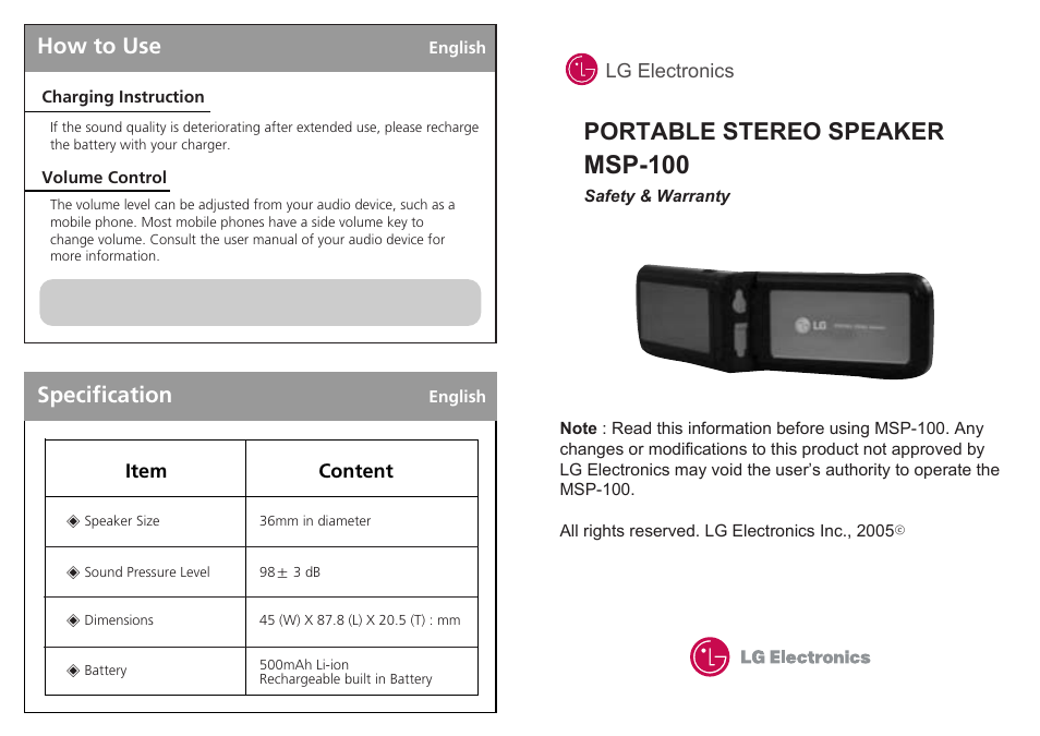 Msp-100, Portable stereo speaker, Specification | How to use | LG MSP-100 User Manual | Page 3 / 7