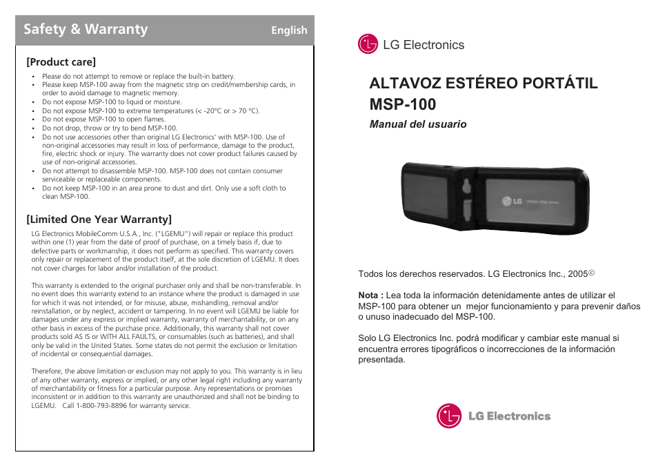 Msp-100, Altavoz estéreo portátil, Safety & warranty | Lg electronics | LG MSP-100 User Manual | Page 4 / 7