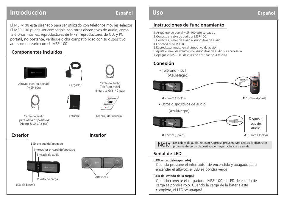 Introducción, Nota | LG MSP-100 User Manual | Page 5 / 7