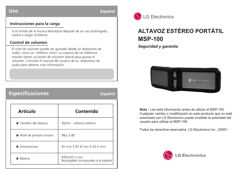 Msp-100, Altavoz estéreo portátil, Especificaciones | Nota | LG MSP-100 User Manual | Page 6 / 7