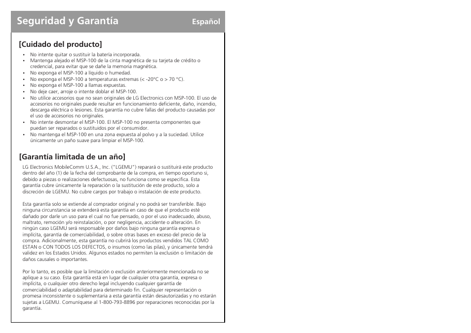 Seguridad y garantía | LG MSP-100 User Manual | Page 7 / 7