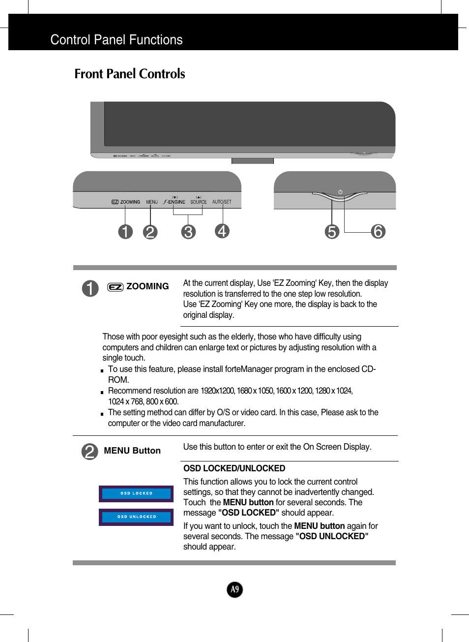 Control panel functions, Front panel controls | LG W2600HP User Manual | Page 10 / 26