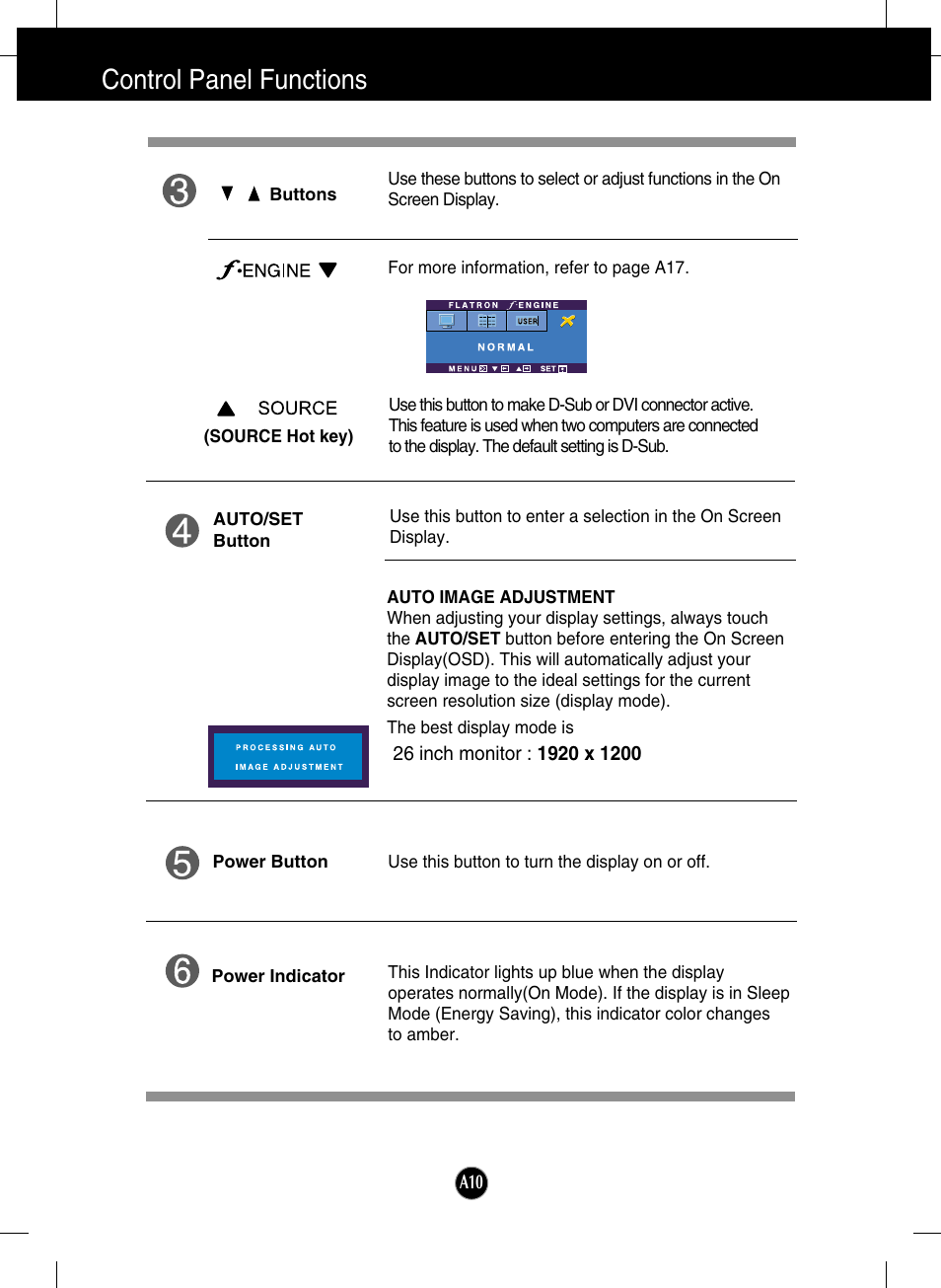 Control panel functions | LG W2600HP User Manual | Page 11 / 26