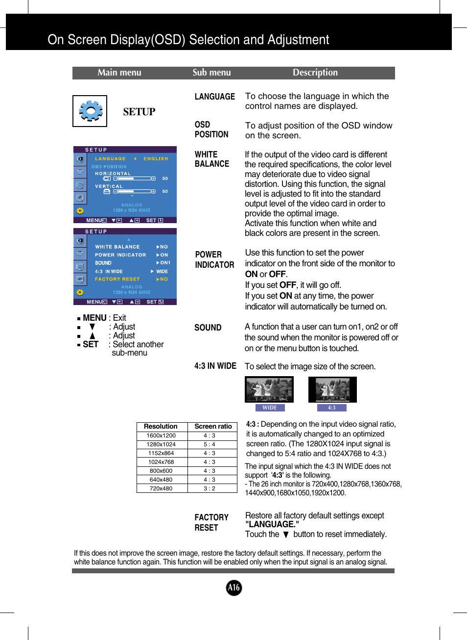 Setup, On screen display(osd) selection and adjustment, Main menu sub menu description | LG W2600HP User Manual | Page 17 / 26