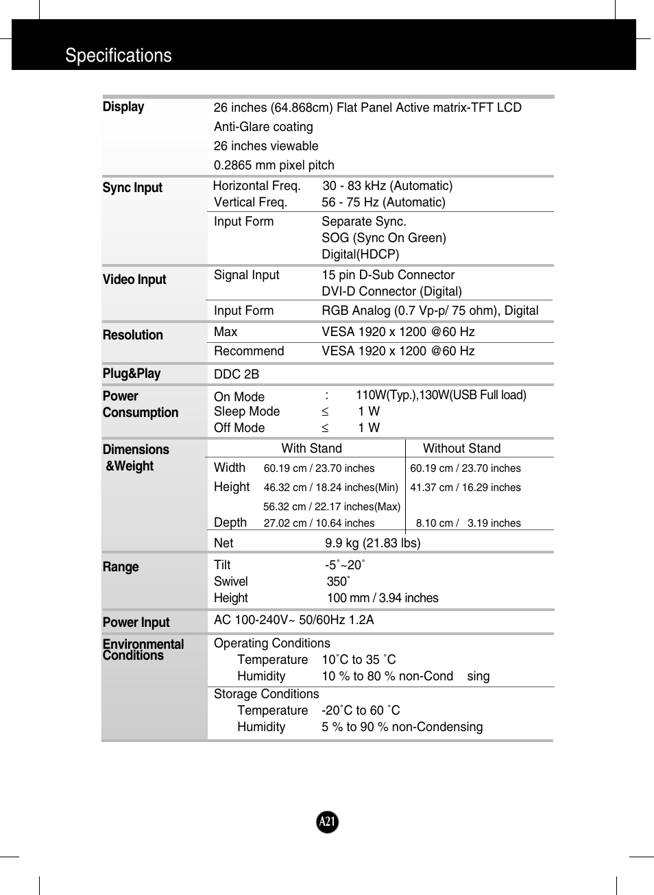 Specifications | LG W2600HP User Manual | Page 22 / 26