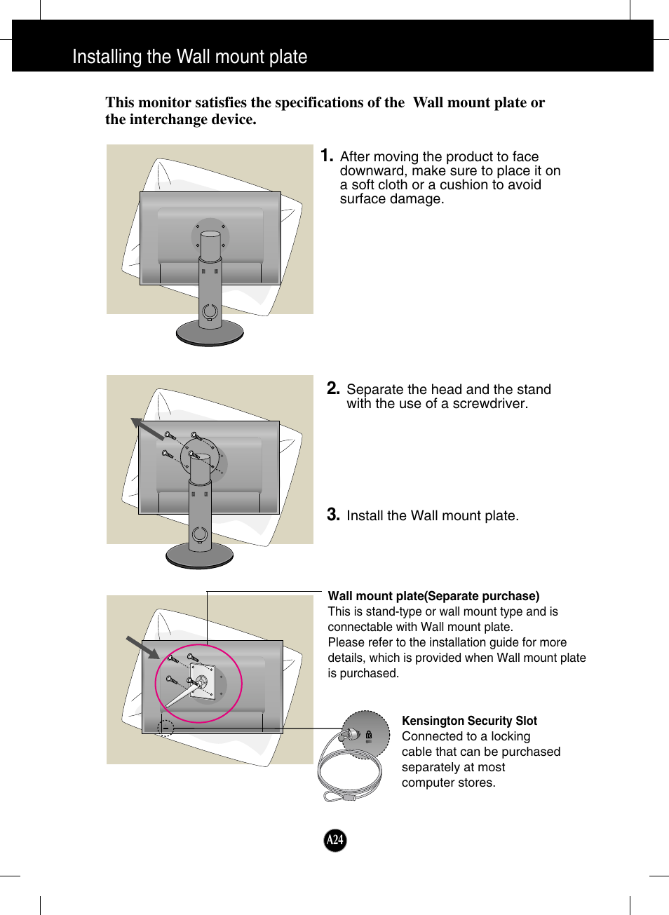 Installing the wall mount plate | LG W2600HP User Manual | Page 25 / 26