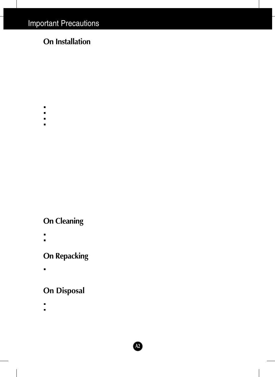 On installation, On cleaning, On repacking | On disposal, Important precautions on installation | LG W2600HP User Manual | Page 3 / 26