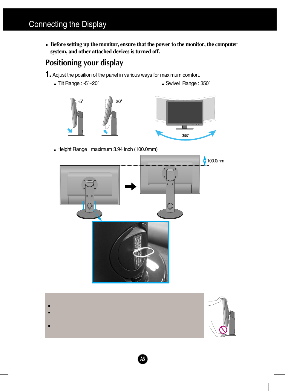 Positioning your display, Connecting the display | LG W2600HP User Manual | Page 6 / 26