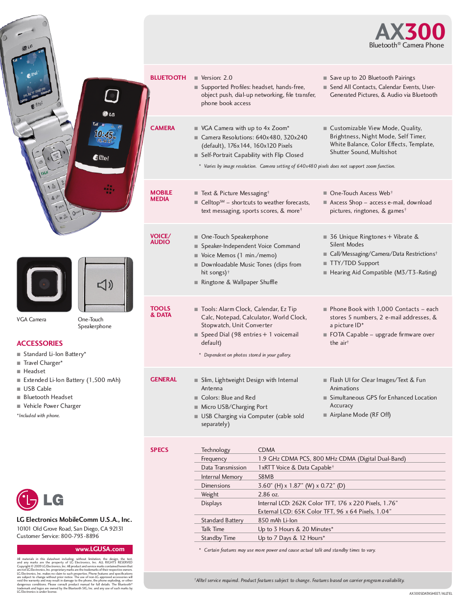 Ax 300, Bluetooth, Camera phone | Accessories | LG AX300 User Manual | Page 2 / 2