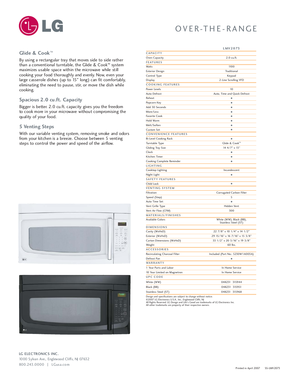 Glide & cook, Spacious 2.0 cu.ft. capacity, 5 venting steps | LG LMV2073 User Manual | Page 2 / 2