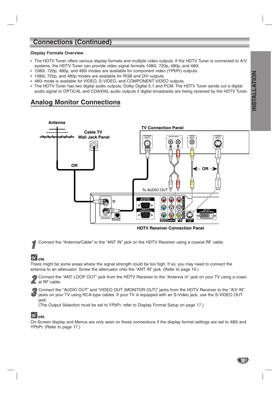 Connections (continued), Analog monitor connections, Inst alla tion | LG LST-4200A User Manual | Page 11 / 48