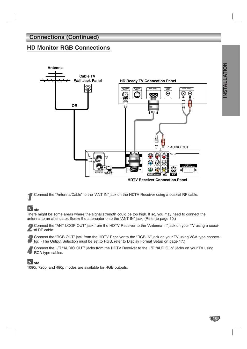 Connections (continued) hd monitor rgb connections | LG LST-4200A User Manual | Page 13 / 48