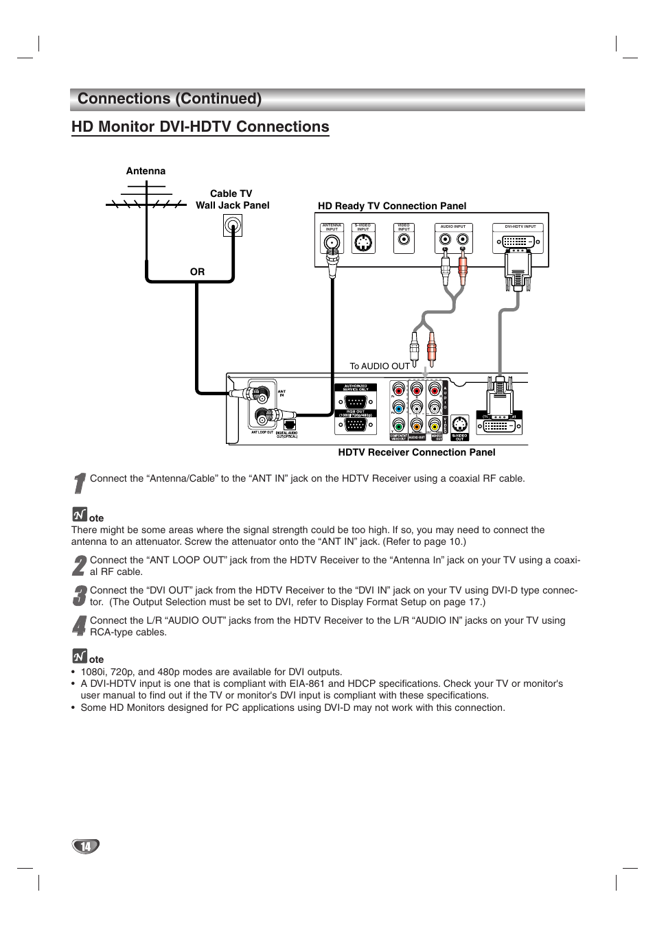 Connections (continued), Hd monitor dvi-hdtv connections | LG LST-4200A User Manual | Page 14 / 48