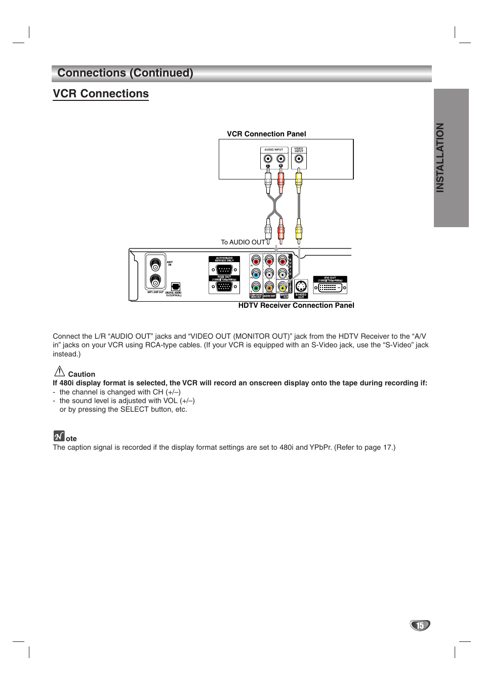 Connections (continued) vcr connections, Inst alla tion | LG LST-4200A User Manual | Page 15 / 48