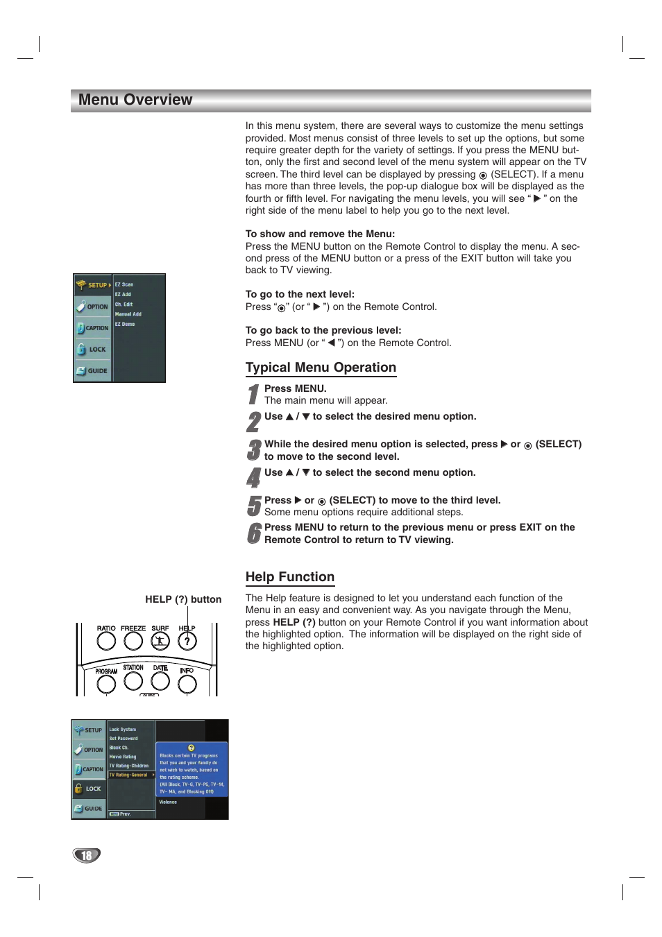 Menu overview, Typical menu operation, Help function | LG LST-4200A User Manual | Page 18 / 48