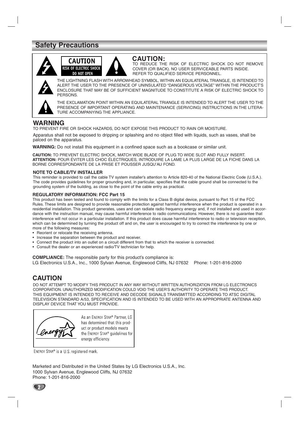 Safety precautions, Warning, Caution | LG LST-4200A User Manual | Page 2 / 48