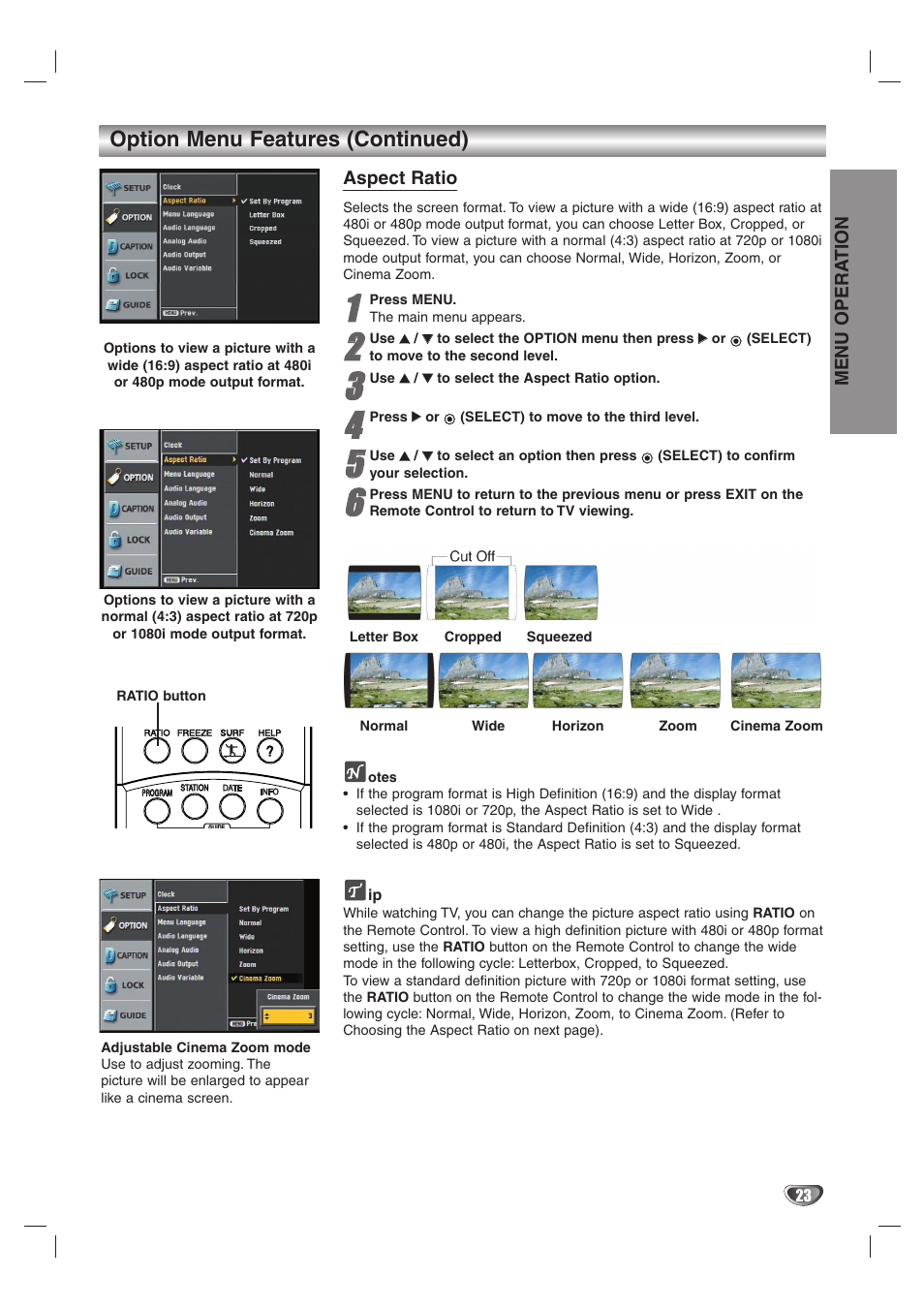 Option menu features (continued), Menu opera tion, Aspect ratio | LG LST-4200A User Manual | Page 23 / 48