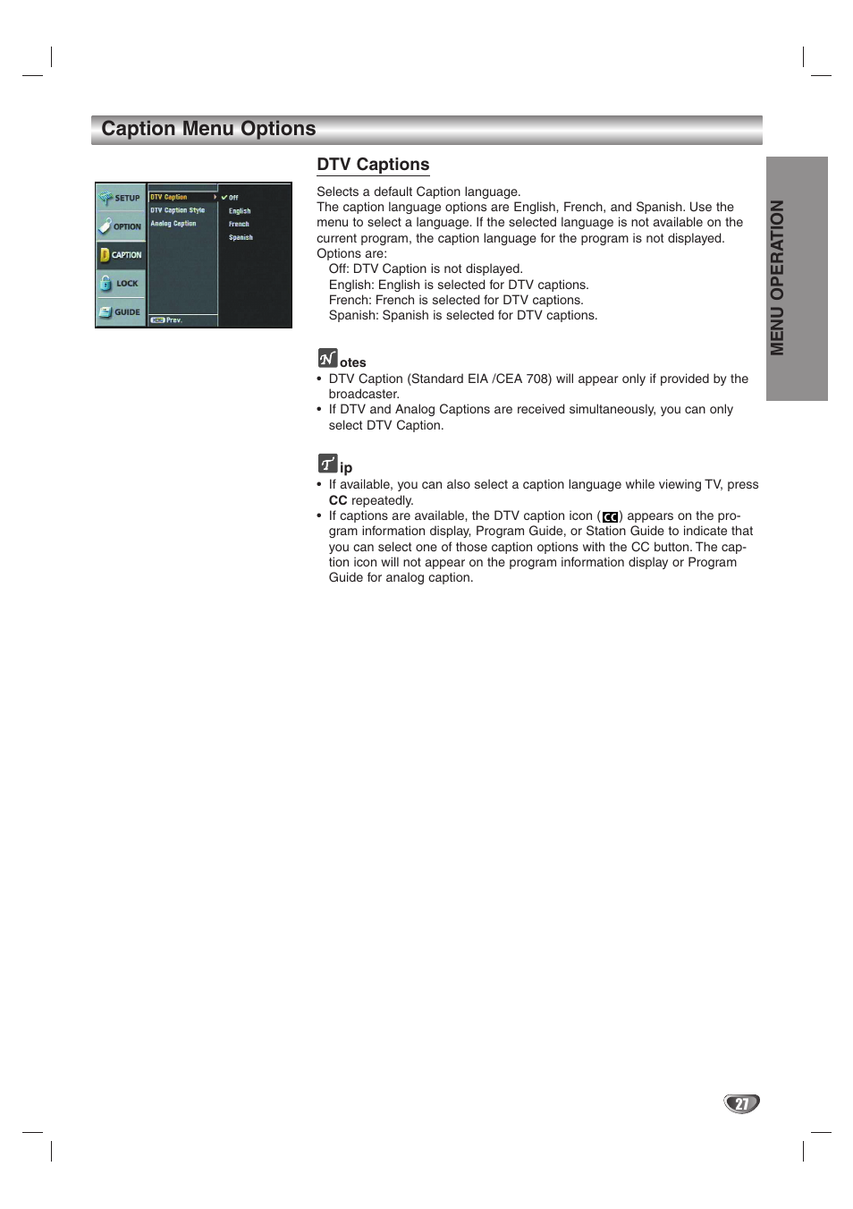 Caption menu options, Menu opera tion, Dtv captions | LG LST-4200A User Manual | Page 27 / 48