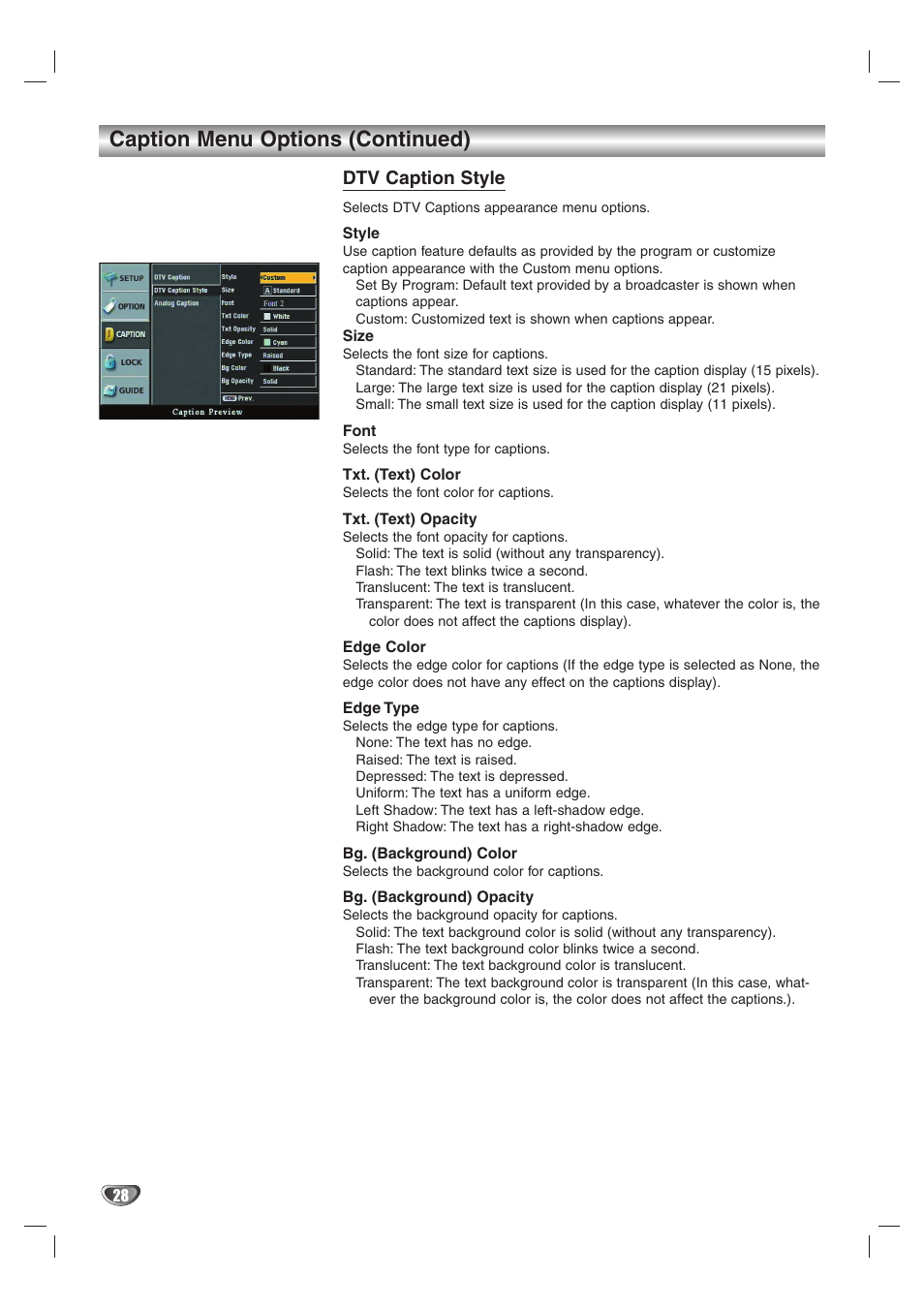 Caption menu options (continued), Dtv caption style | LG LST-4200A User Manual | Page 28 / 48