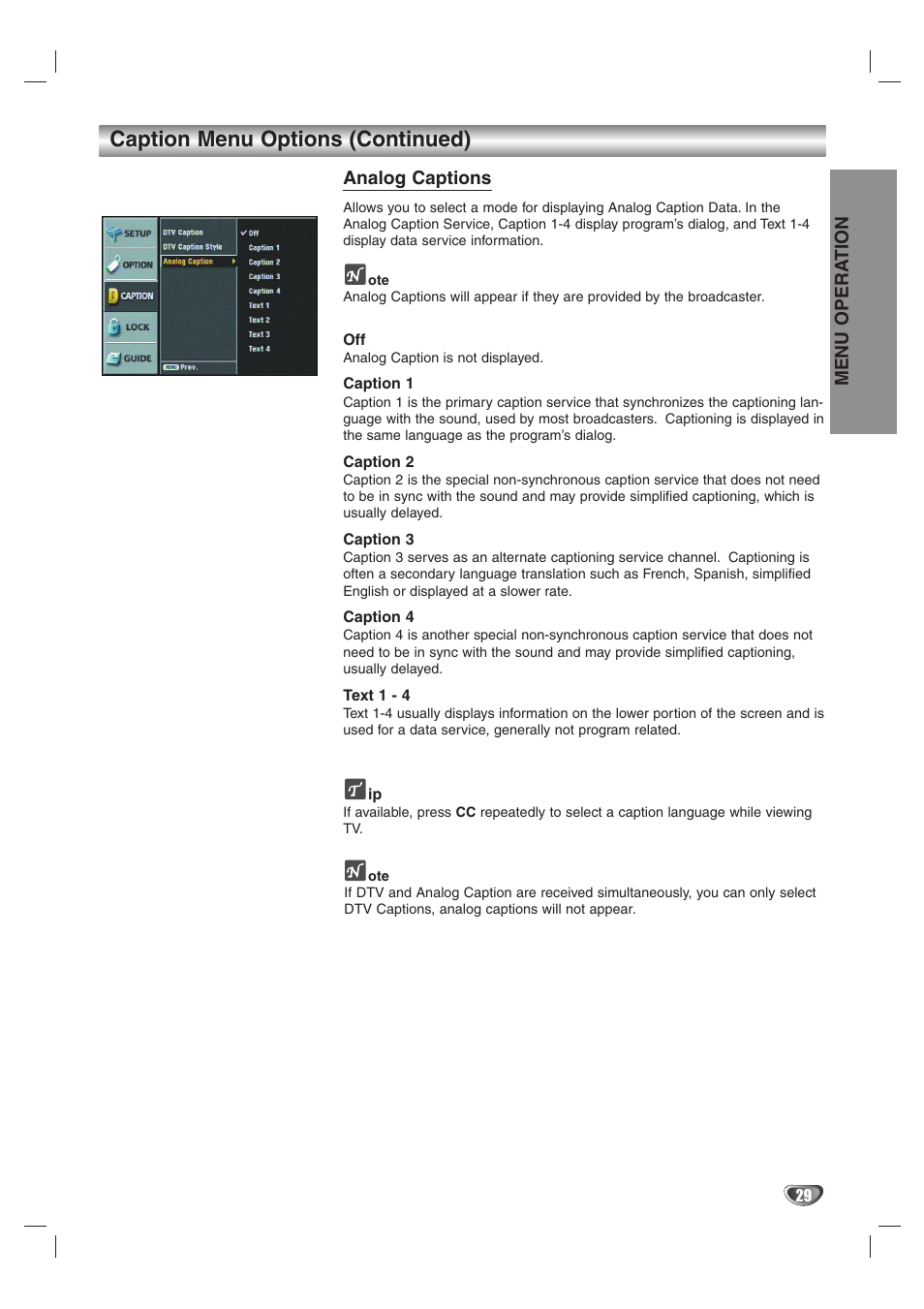 Caption menu options (continued) | LG LST-4200A User Manual | Page 29 / 48