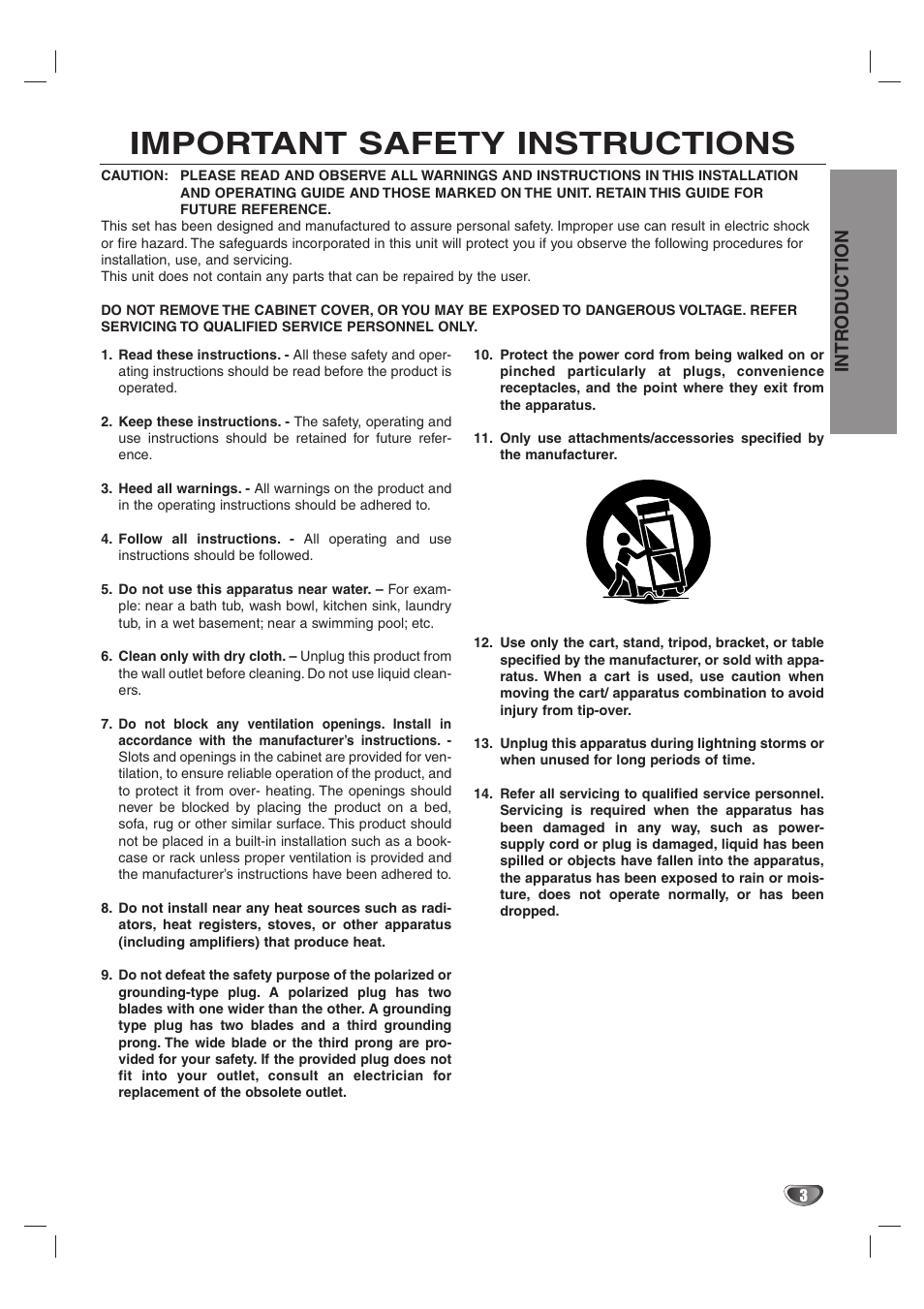 Important safety instructions, Intr oduction | LG LST-4200A User Manual | Page 3 / 48