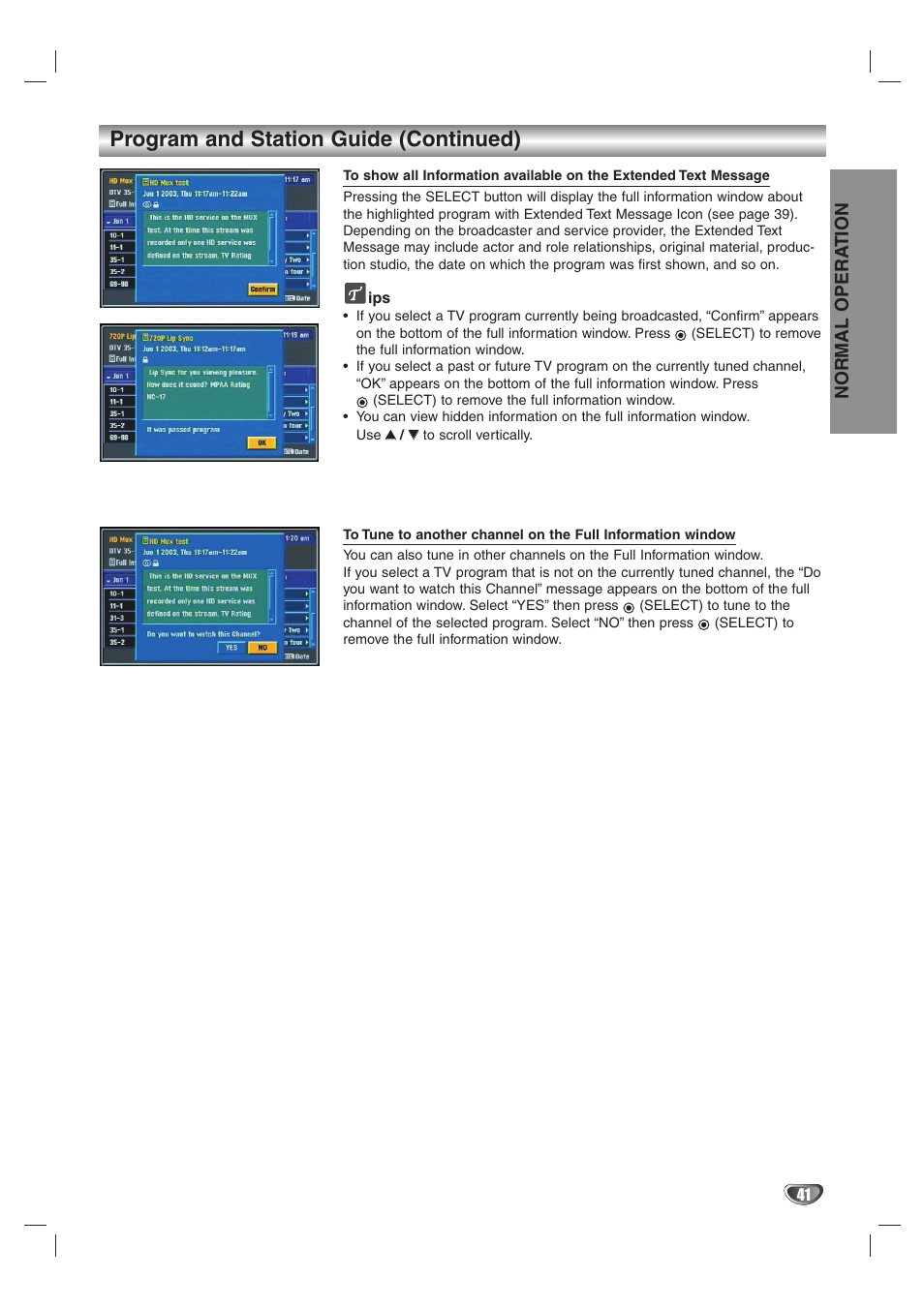 Program and station guide (continued), Normal opera tion | LG LST-4200A User Manual | Page 41 / 48