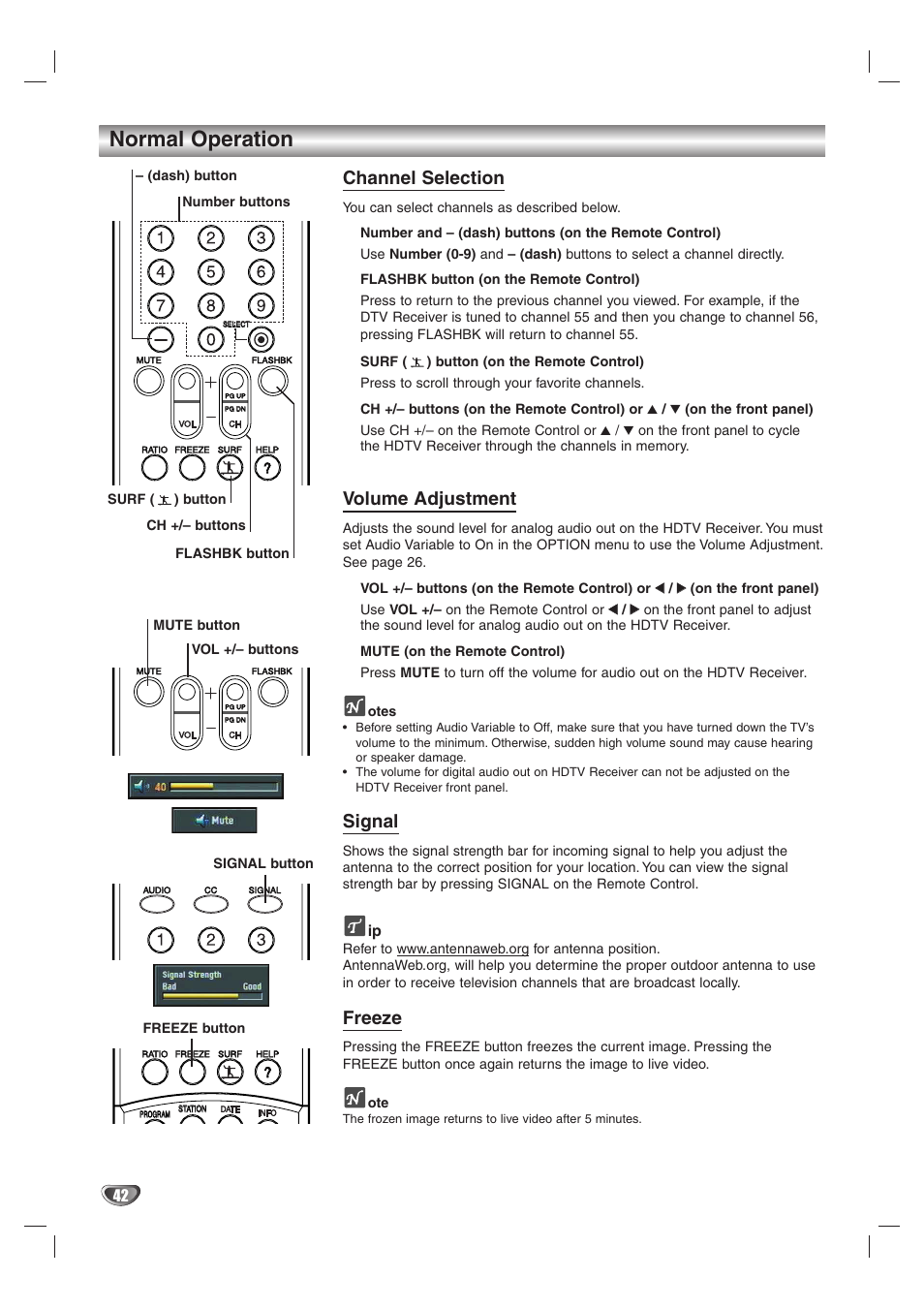 Normal operation, Channel selection, Volume adjustment | Signal, Freeze | LG LST-4200A User Manual | Page 42 / 48