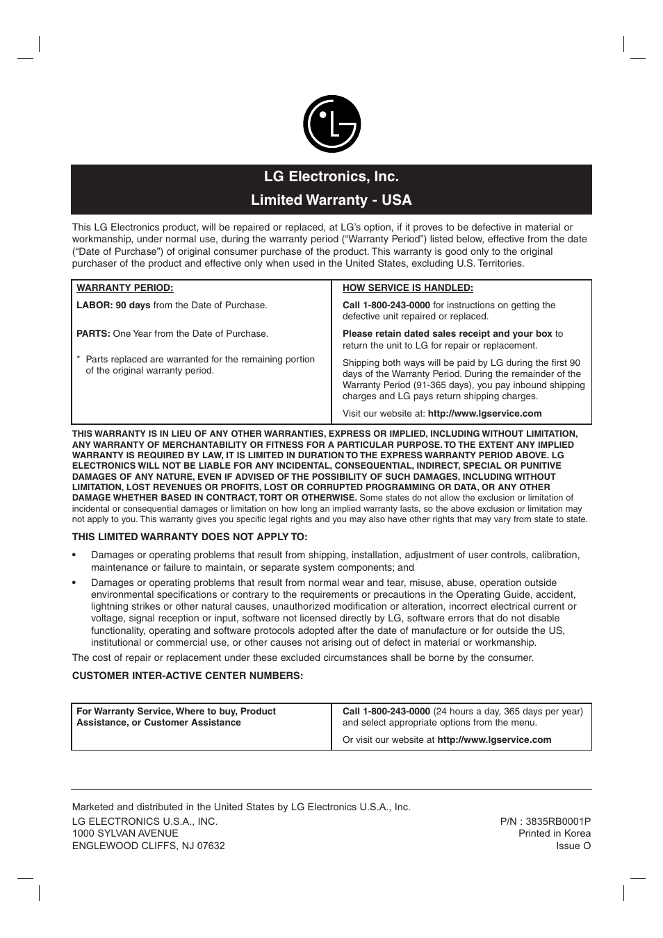 Lg electronics, inc. limited warranty - usa | LG LST-4200A User Manual | Page 48 / 48