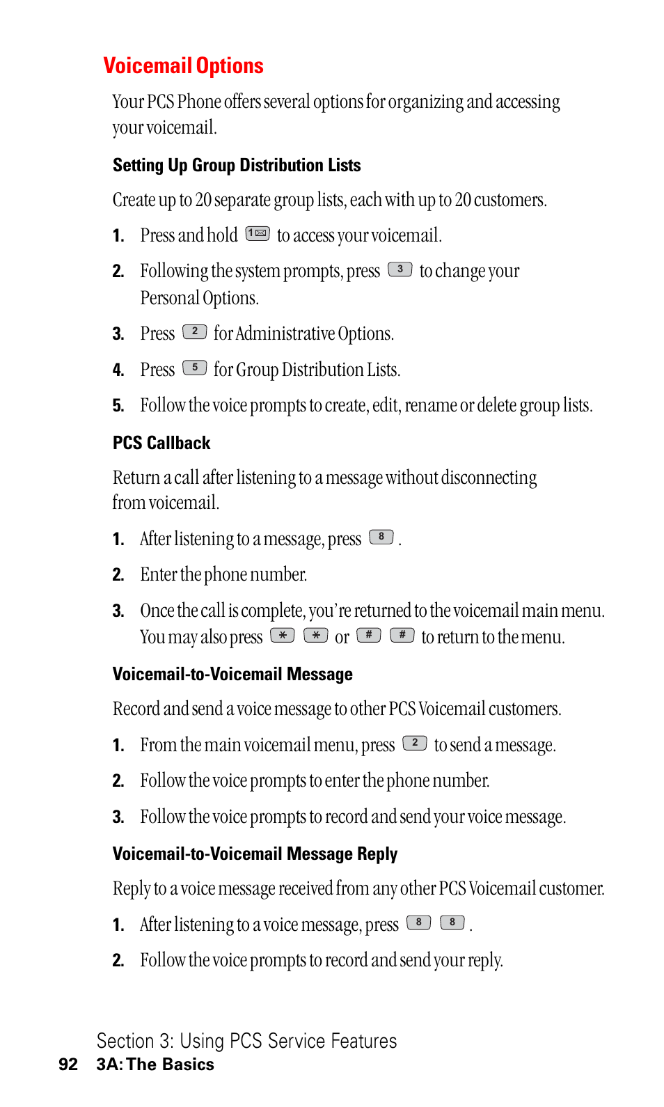 Voicemail options, Press and hold to access your voicemail, Press for administrative options | Press for group distribution lists, After listening to a message, press, Enter the phone number, Follow the voice prompts to enter the phone number, After listening to a voice message, press | LG ( 5350) User Manual | Page 100 / 155