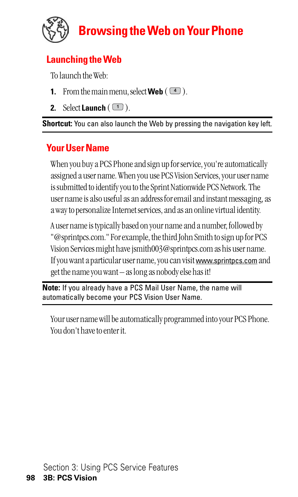 Browsing the web on your phone, Launching the web, Your user name | LG ( 5350) User Manual | Page 106 / 155