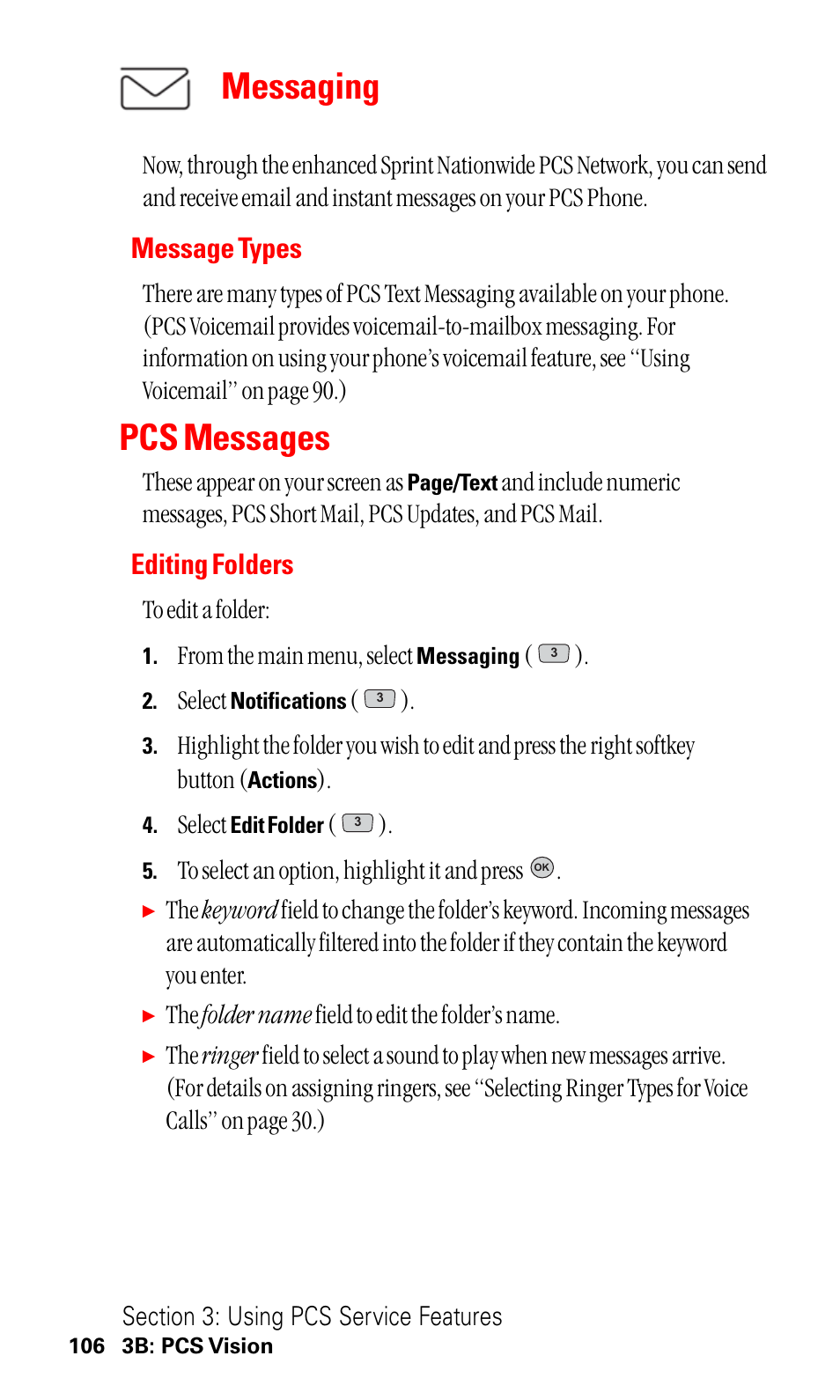 Messaging, Message types, Pcs messages | Editing folders | LG ( 5350) User Manual | Page 114 / 155