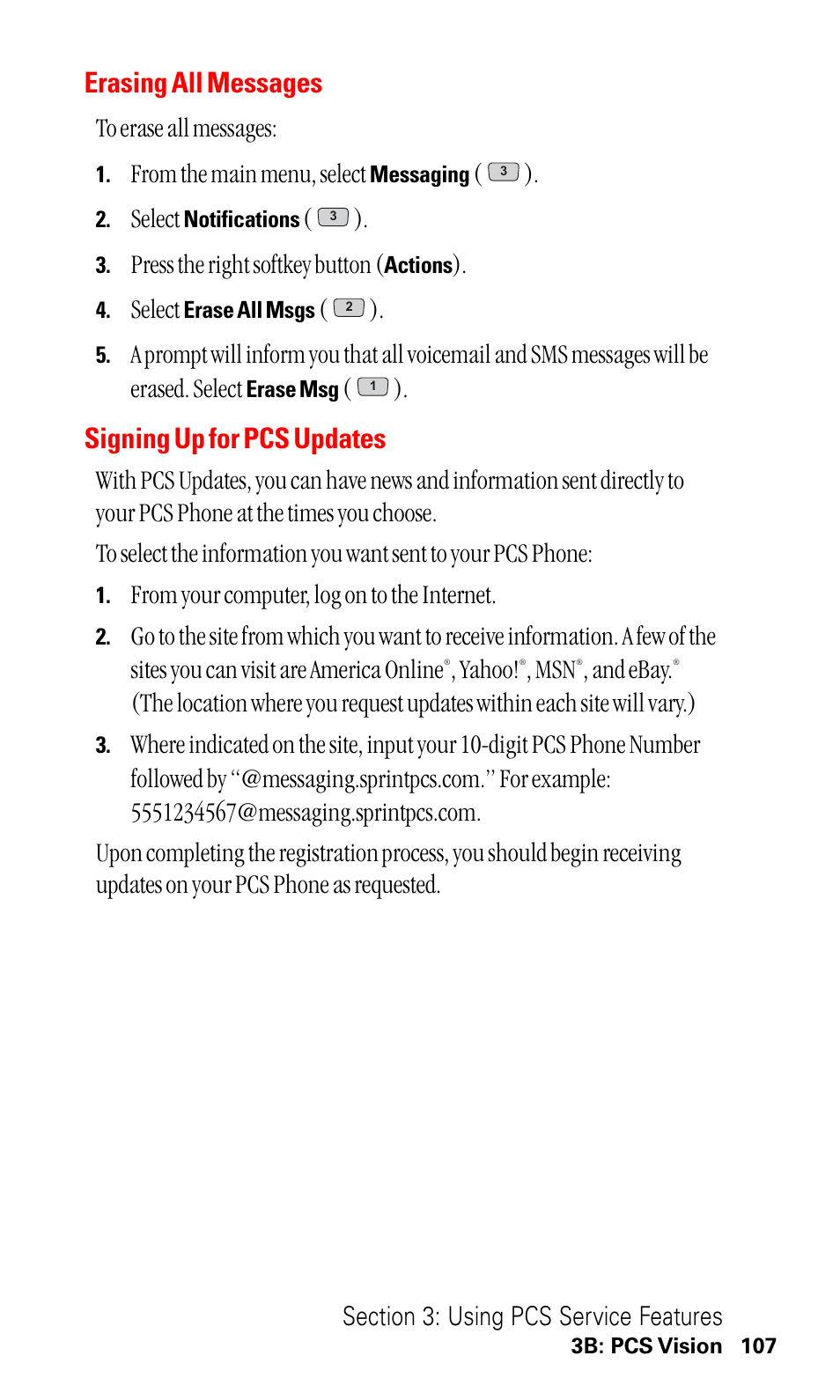 Erasing all messages, Signing up for pcs updates, Select | Press the right softkey button, Yahoo, And ebay | LG ( 5350) User Manual | Page 115 / 155