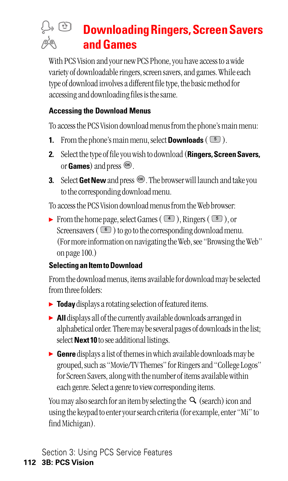 Downloading ringers, screen savers and games, Select the type of file you wish to download, And press | Select, Displays a rotating selection of featured items | LG ( 5350) User Manual | Page 120 / 155