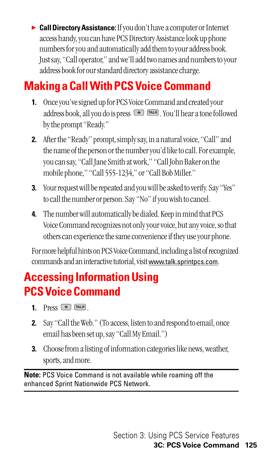 Making a call with pcs voice command, Accessing information using pcs voice command | LG ( 5350) User Manual | Page 133 / 155