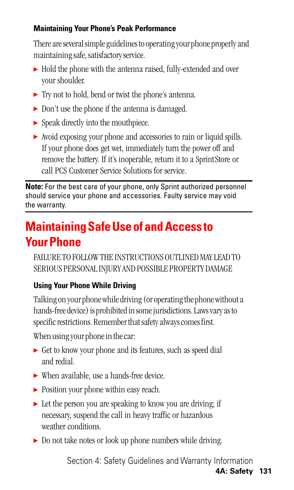 Maintaining safe use of and access to your phone, Try not to hold, bend or twist the phone’s antenna, Don’t use the phone if the antenna is damaged | Speak directly into the mouthpiece, When available, use a hands-free device, Position your phone within easy reach | LG ( 5350) User Manual | Page 139 / 155