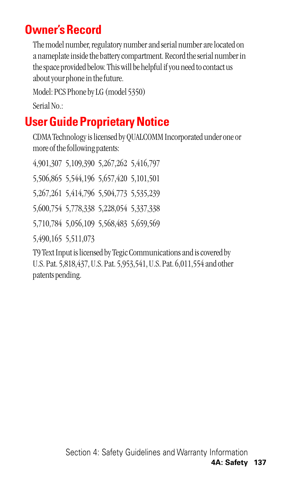 Owner’s record, User guide proprietary notice | LG ( 5350) User Manual | Page 145 / 155