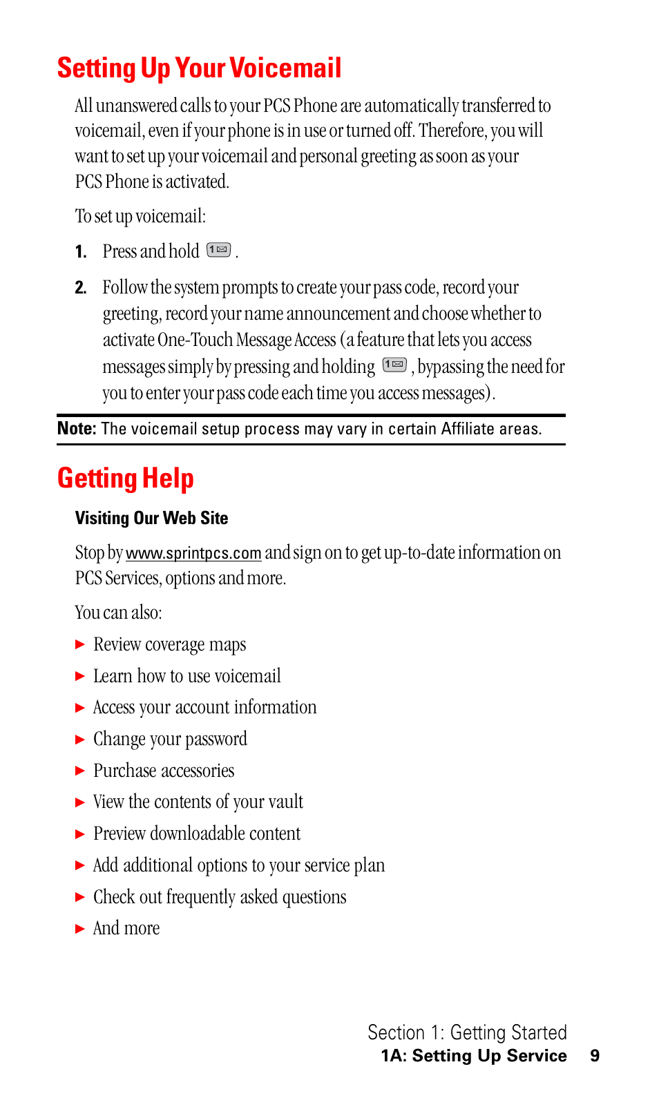 Setting up your voicemail, Getting help, Press and hold | Stop by, Review coverage maps, Learn how to use voicemail, Access your account information, Change your password, Purchase accessories, View the contents of your vault | LG ( 5350) User Manual | Page 17 / 155