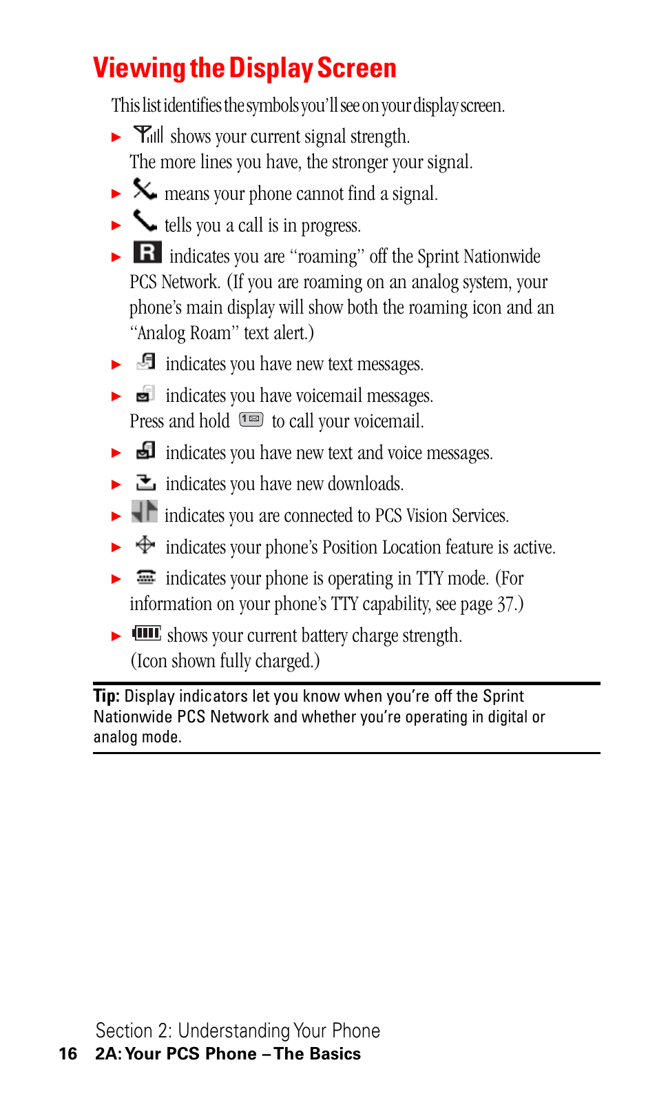 Viewing the display screen, Means your phone cannot find a signal, Tells you a call is in progress | Indicates you have new text messages, Indicates you have new text and voice messages, Indicates you have new downloads, Indicates you are connected to pcs vision services | LG ( 5350) User Manual | Page 24 / 155