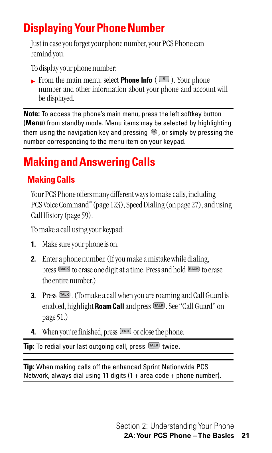 Displaying your phone number, Making and answering calls, Making calls | Make sure your phone is on, And press . see “call guard” on page 51.), When you’re finished, press or close the phone | LG ( 5350) User Manual | Page 29 / 155