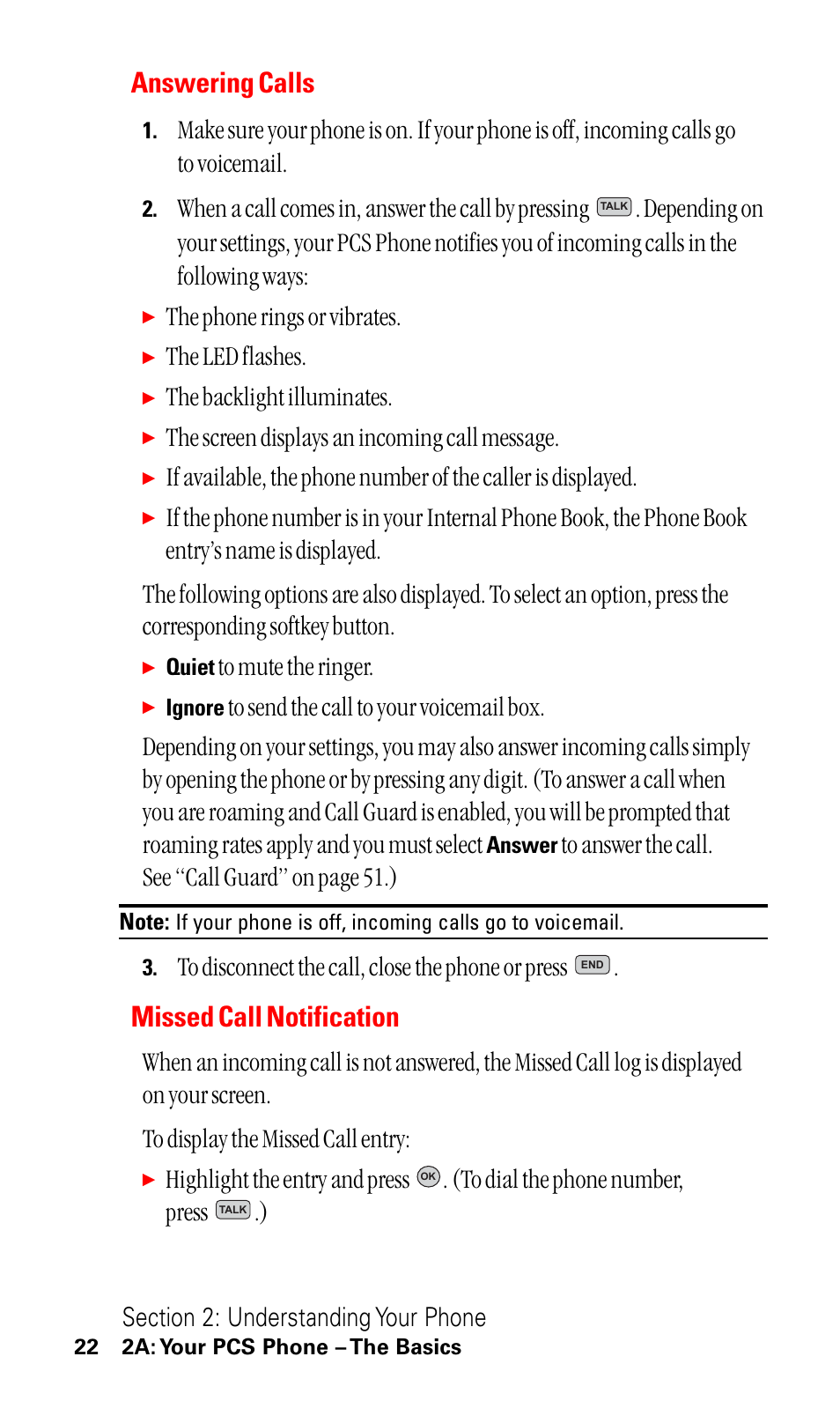 Answering calls, Missed call notification, The phone rings or vibrates | The led flashes, The backlight illuminates, The screen displays an incoming call message | LG ( 5350) User Manual | Page 30 / 155