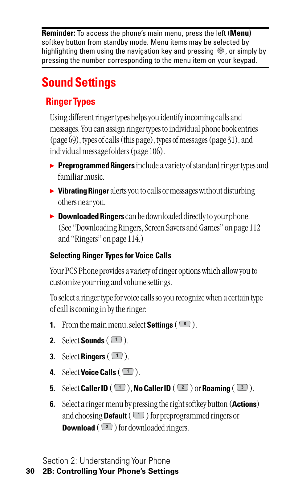 Sound settings, Ringer types, Select | And choosing, For preprogrammed ringers or, For downloaded ringers | LG ( 5350) User Manual | Page 38 / 155