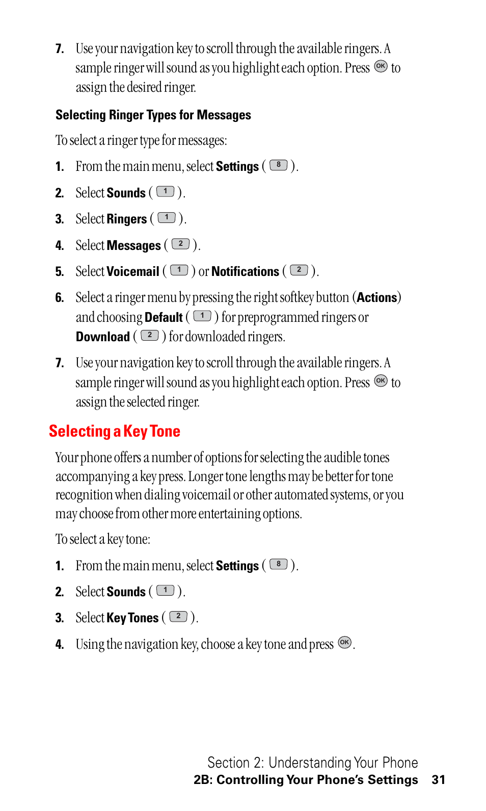 Selecting a key tone, Select, And choosing | For preprogrammed ringers or, For downloaded ringers | LG ( 5350) User Manual | Page 39 / 155