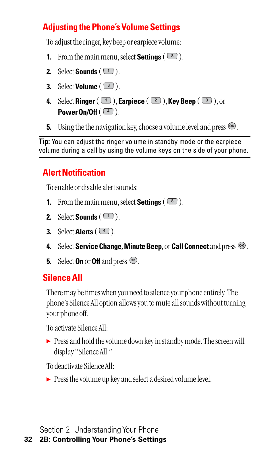 Adjusting the phone’s volume settings, Alert notification, Silence all | Select, And press | LG ( 5350) User Manual | Page 40 / 155