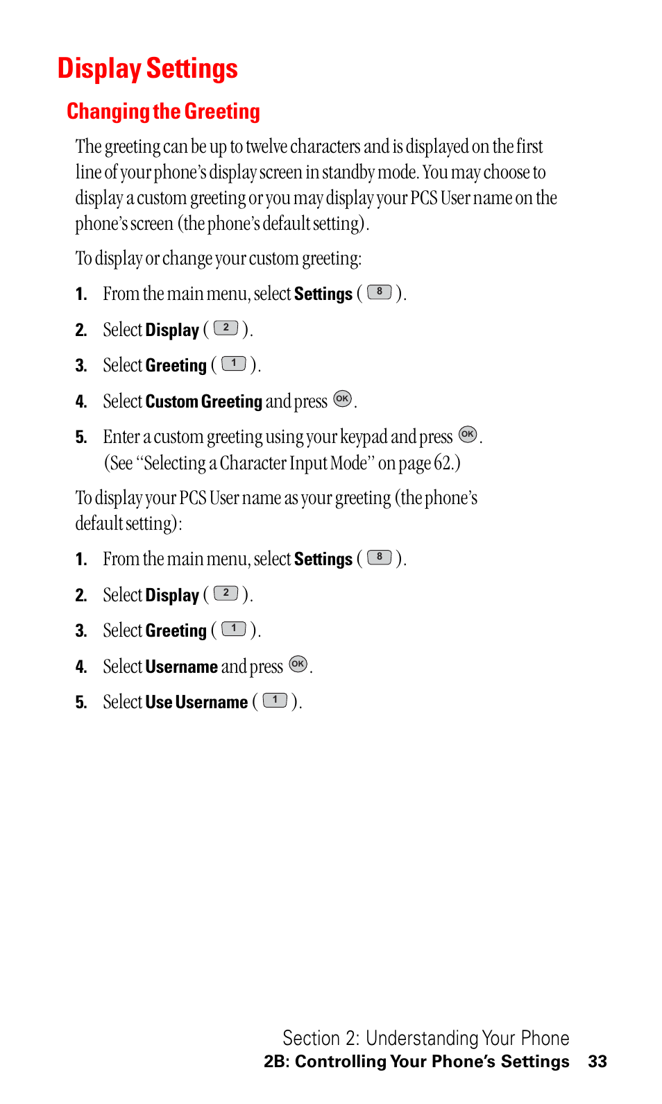 Display settings, Changing the greeting, Select | And press | LG ( 5350) User Manual | Page 41 / 155