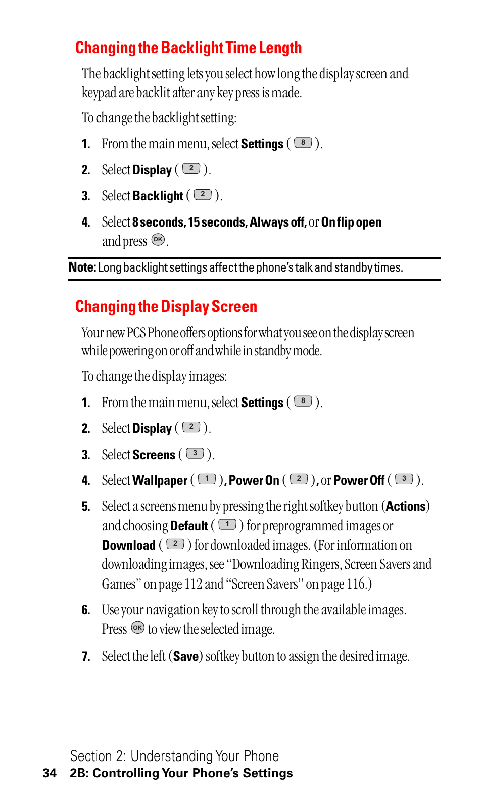 Changing the backlight time length, Changing the display screen, Select | And press, And choosing, For preprogrammed images or, Select the left, Softkey button to assign the desired image | LG ( 5350) User Manual | Page 42 / 155