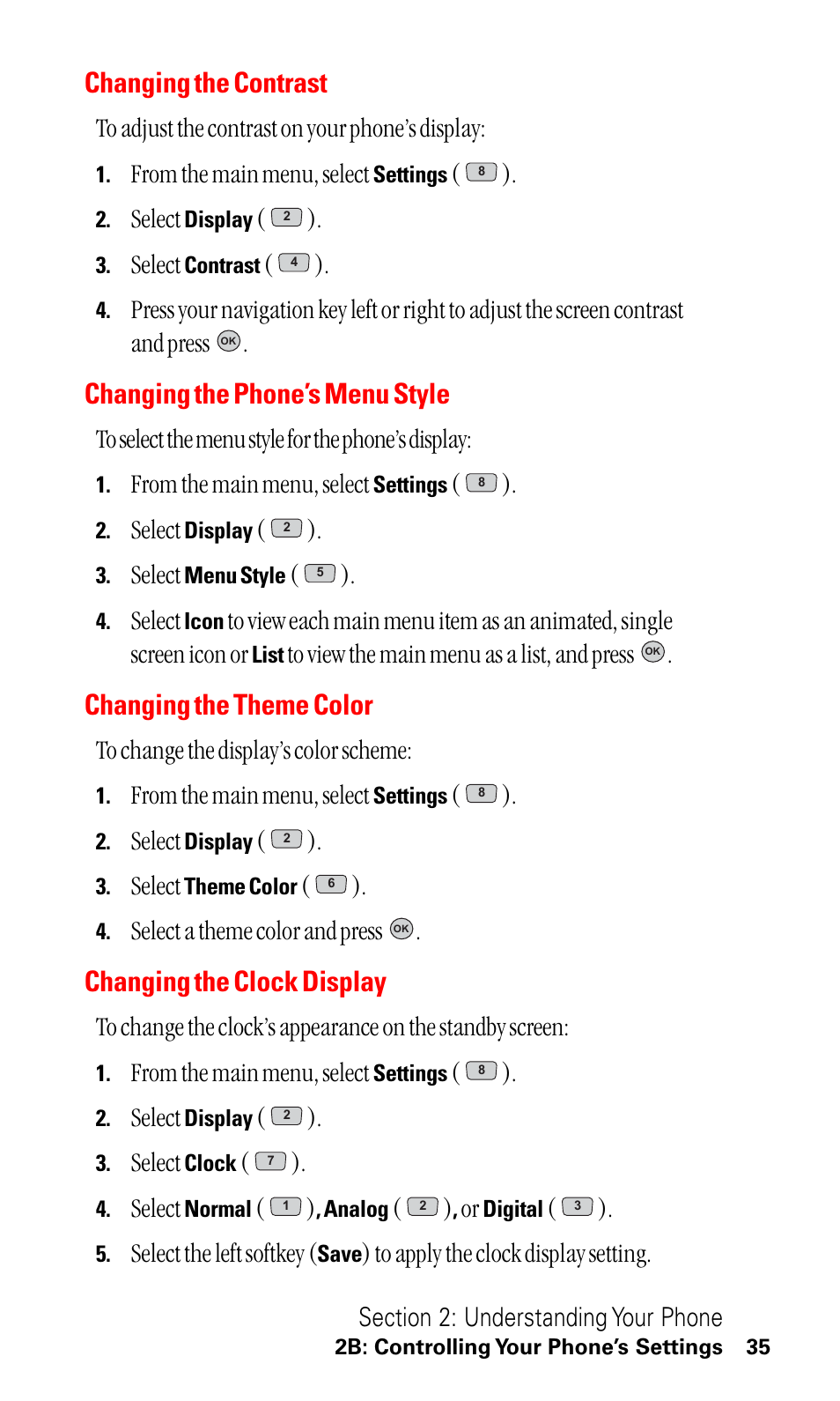Changing the contrast, Changing the phone’s menu style, Changing the theme color | Changing the clock display, Select, Select a theme color and press, Select the left softkey | LG ( 5350) User Manual | Page 43 / 155