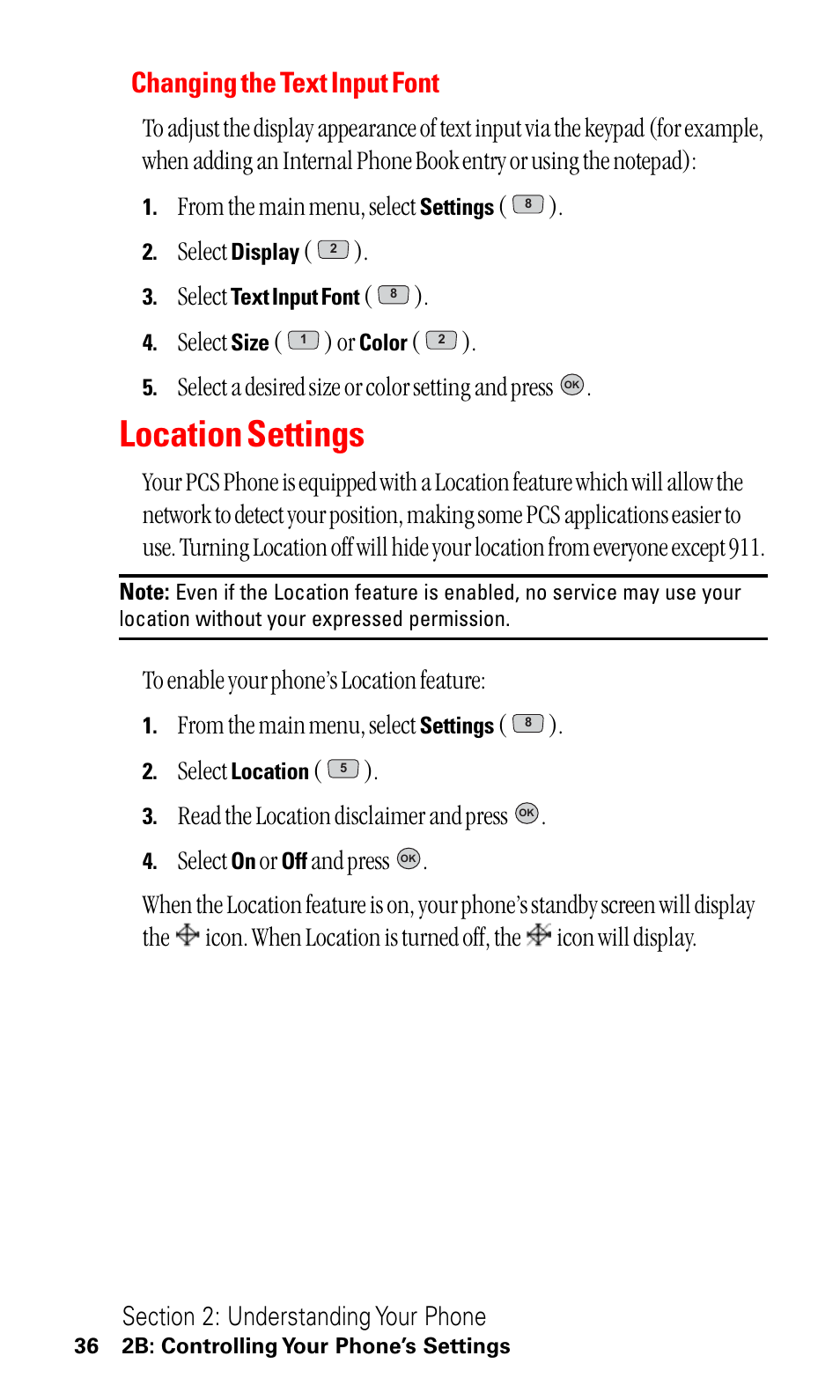 Changing the text input font, Location settings, Select | Select a desired size or color setting and press, Read the location disclaimer and press | LG ( 5350) User Manual | Page 44 / 155