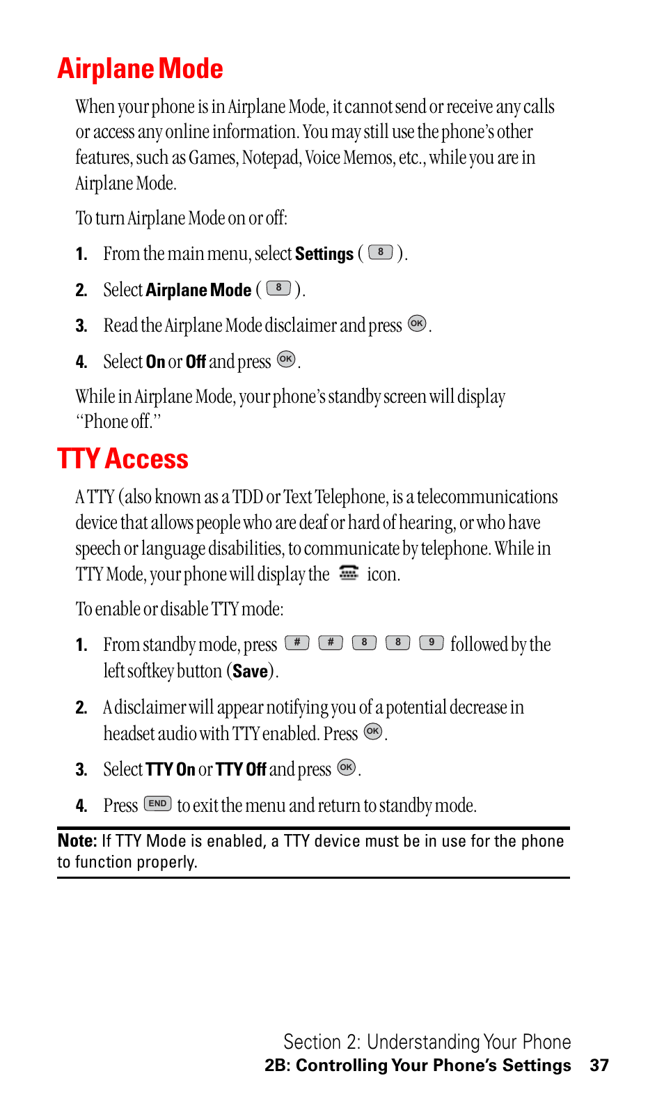 Airplane mode, Tty access, Select | Read the airplane mode disclaimer and press, And press, Press to exit the menu and return to standby mode | LG ( 5350) User Manual | Page 45 / 155